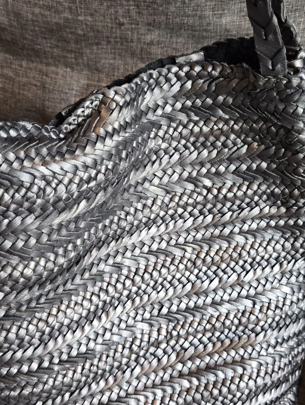 Gray tote bag woven leather soft basket hobo hippie boho made India $210